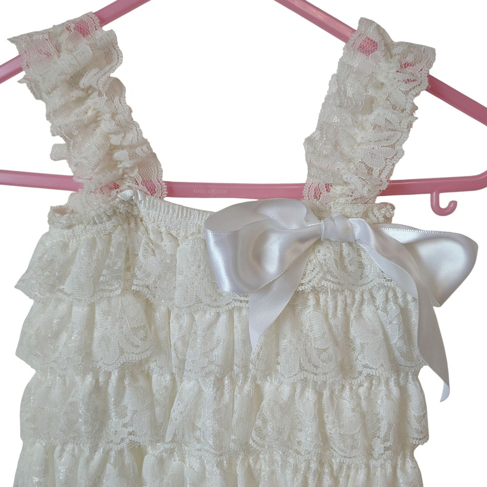 Lace Ruffle Sleeveless Romper with Bow Cream Color Girls Toddler Outfit - Picture 3 of 5
